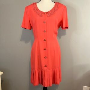 Vintage 1980s Peter Pan Collar Short Sleeve Pleated  Button Coral Pink Dress